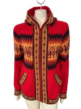 Alpaca Wool Full Zip Hooded Andean Design Peruvian Sweater Jacket in Red  SZ M